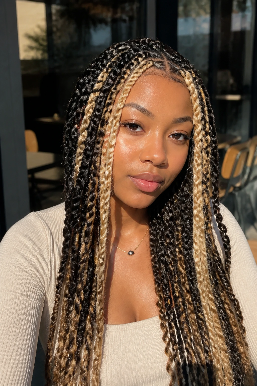 Close-up of a real person showing blonde paneling in braids or twist-outs framing the face