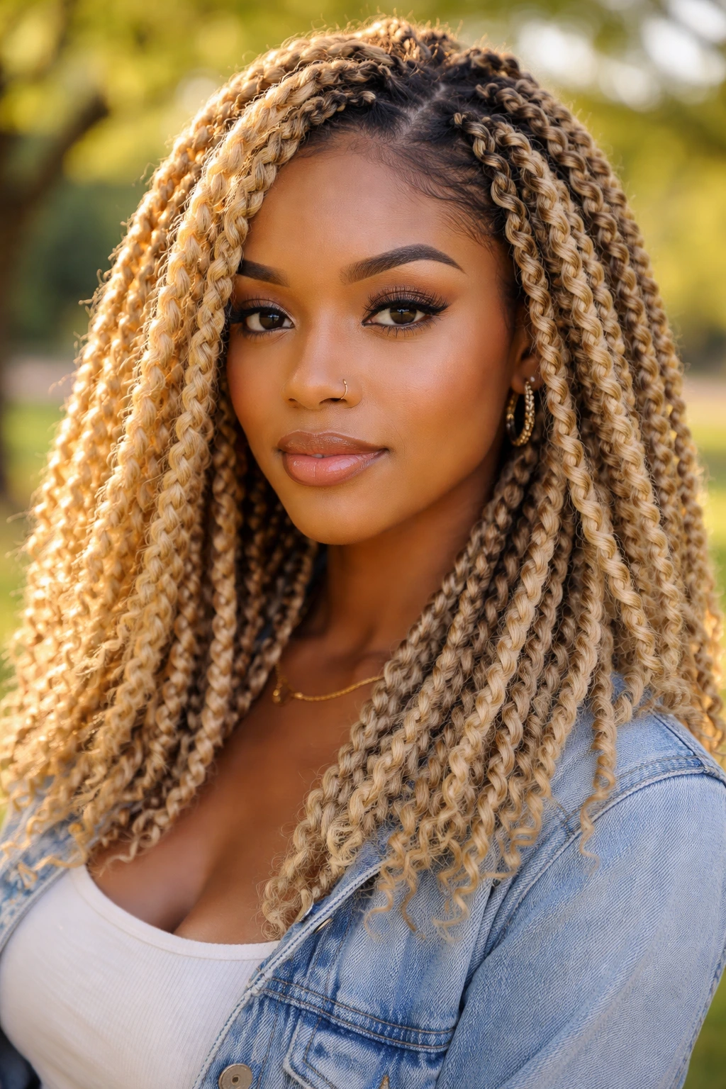 Close-up of a real woman with blonde passion twists
