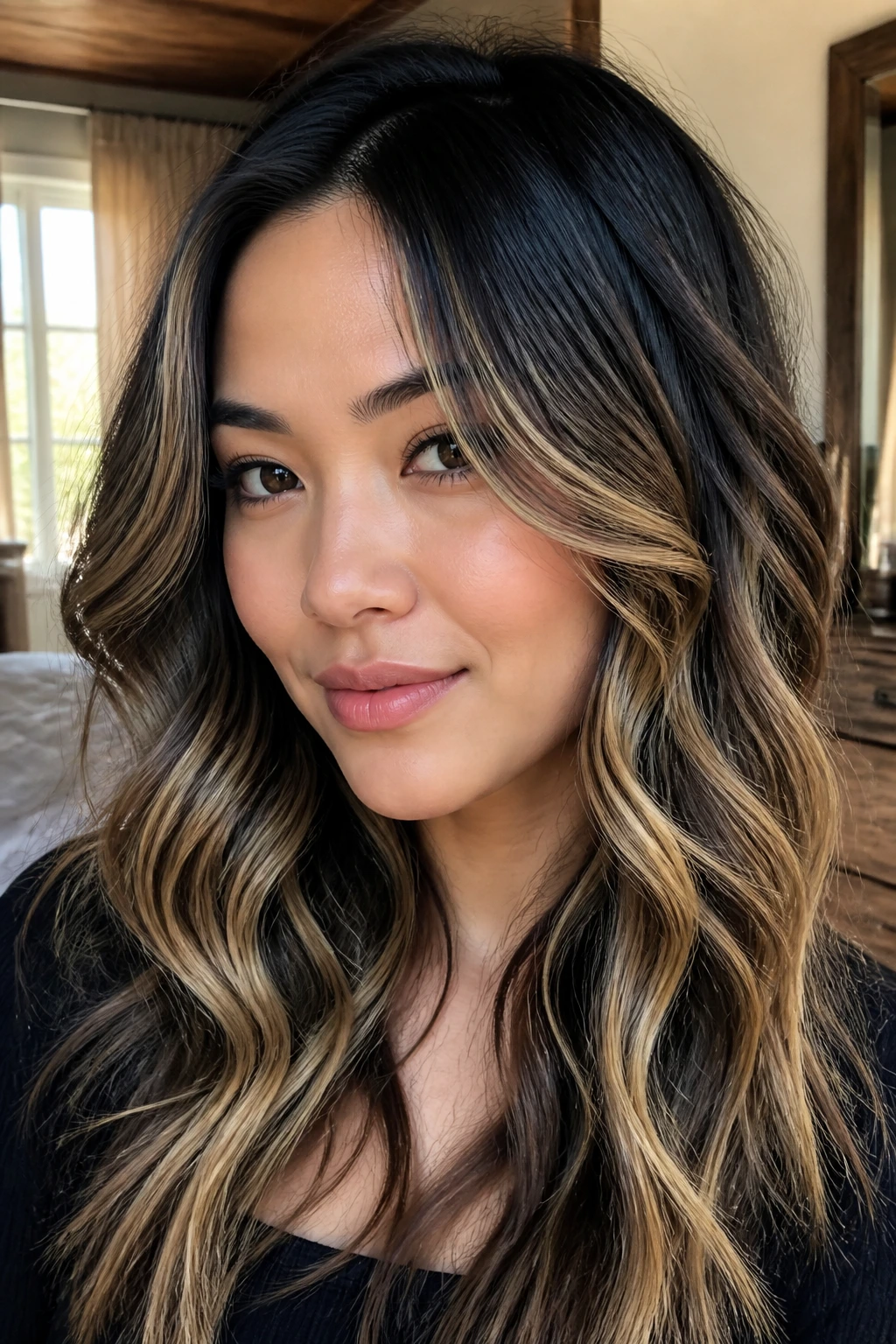 Close-up of a real woman with scattered blonde pieces through loose waves on black hair