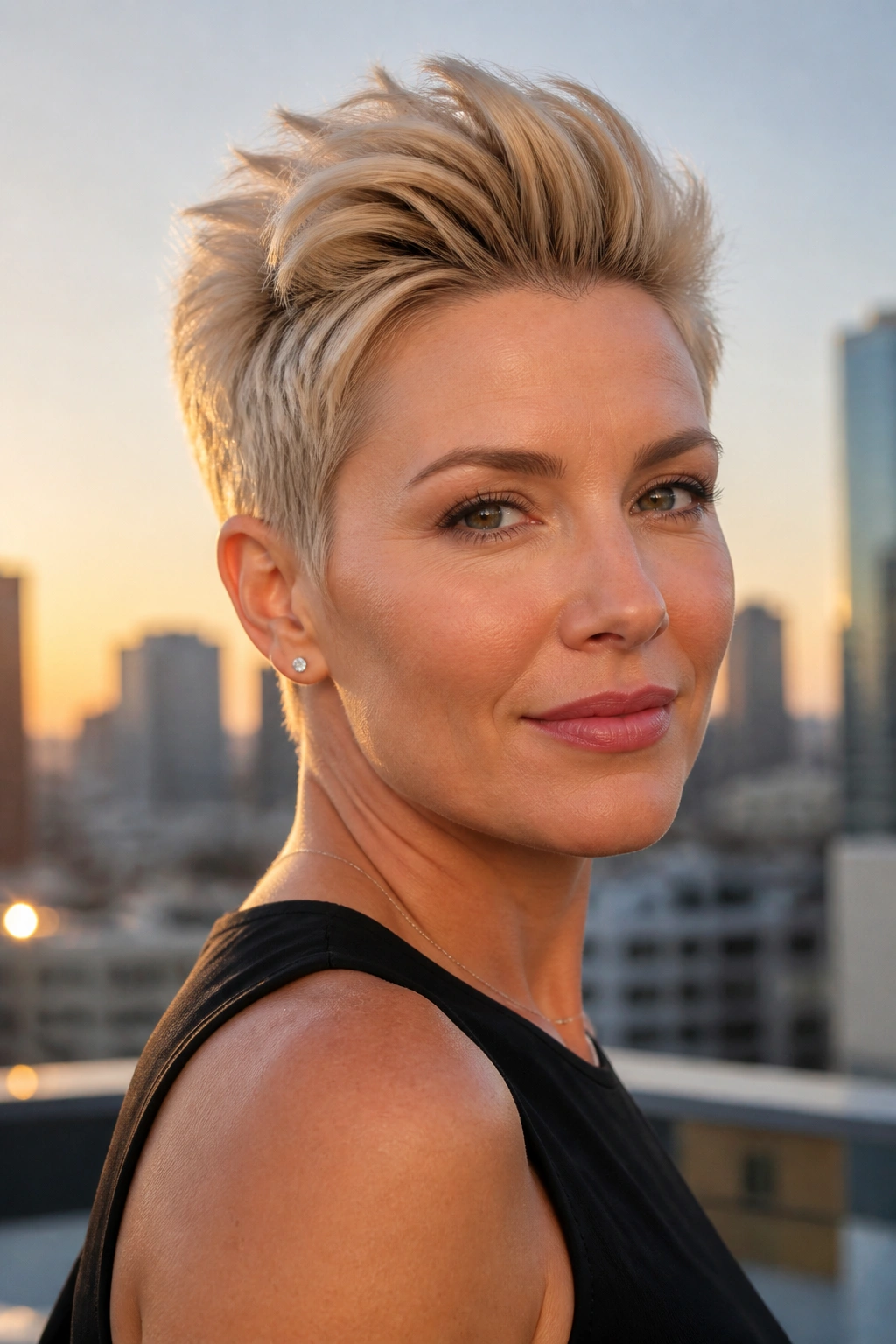 Portrait of a real woman with a blonde pixie cut showing crown height on a city rooftop.