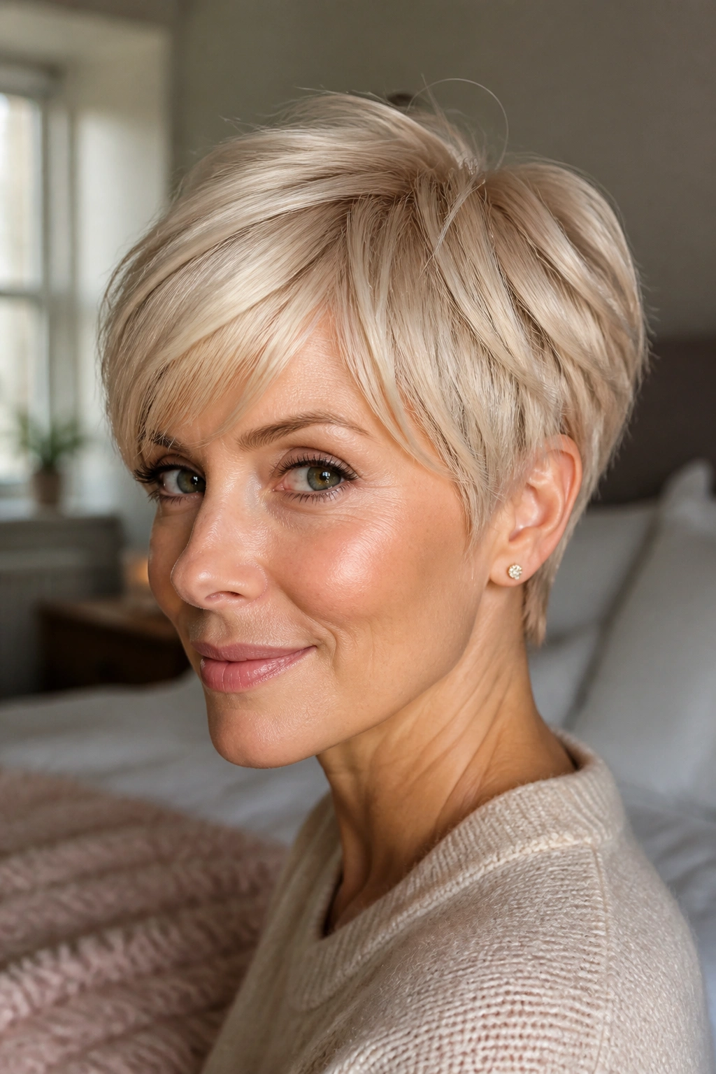 Close-up of a real woman with blonde pixie cuts for fine hair with soft layers, soft crown layers and champagne blonde color