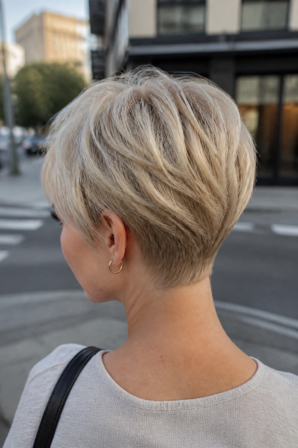 Close-up back-of-head portrait of a real woman with a softly stacked nape in a blonde pixie.
