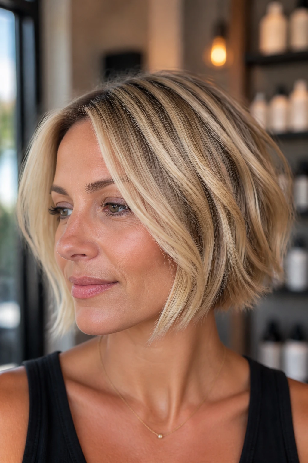 Close-up portrait of a real woman with a bob featuring chunky blonde ribbons at the front and crown.
