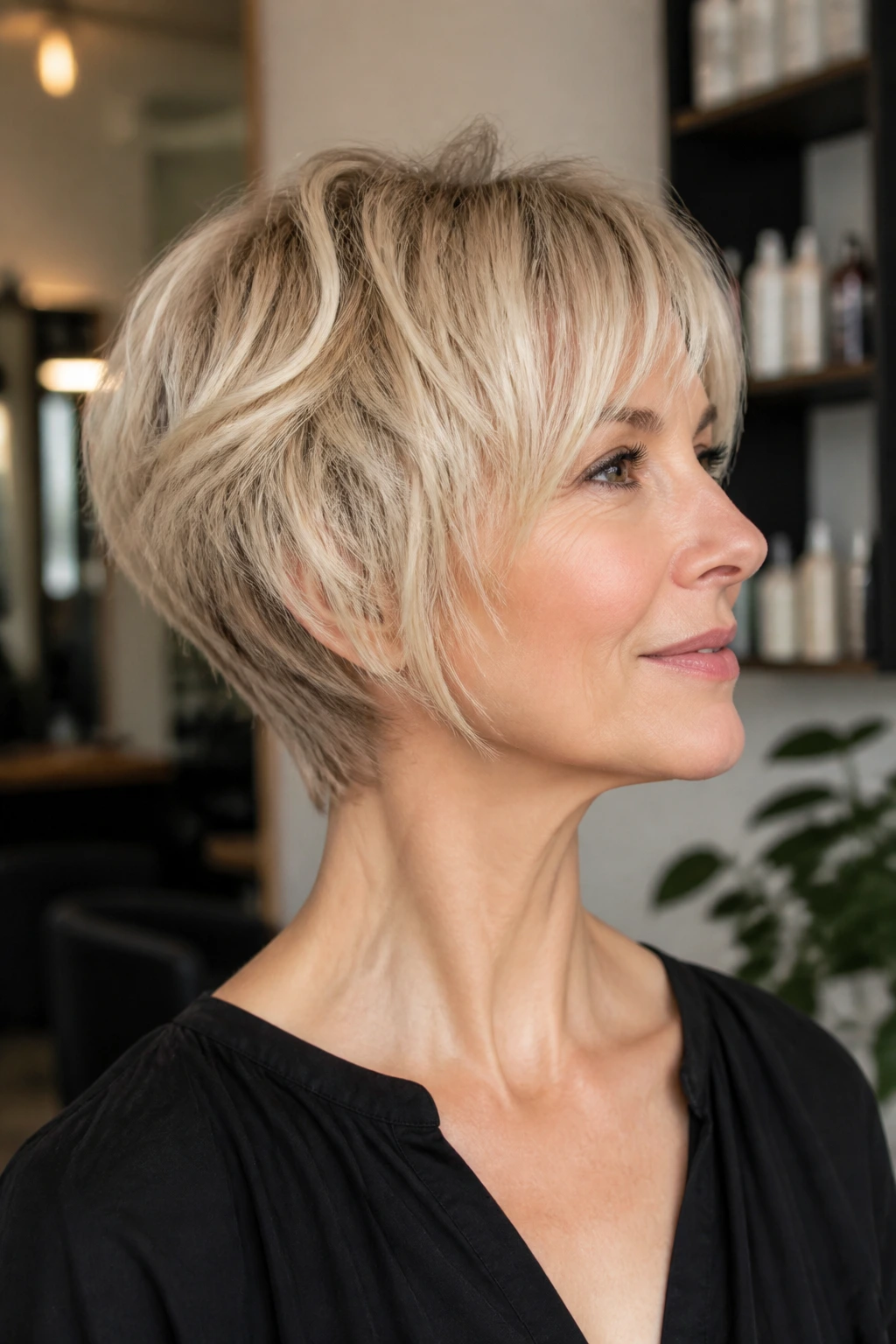 Real woman with blonde tapered nape shag in modern salon lighting