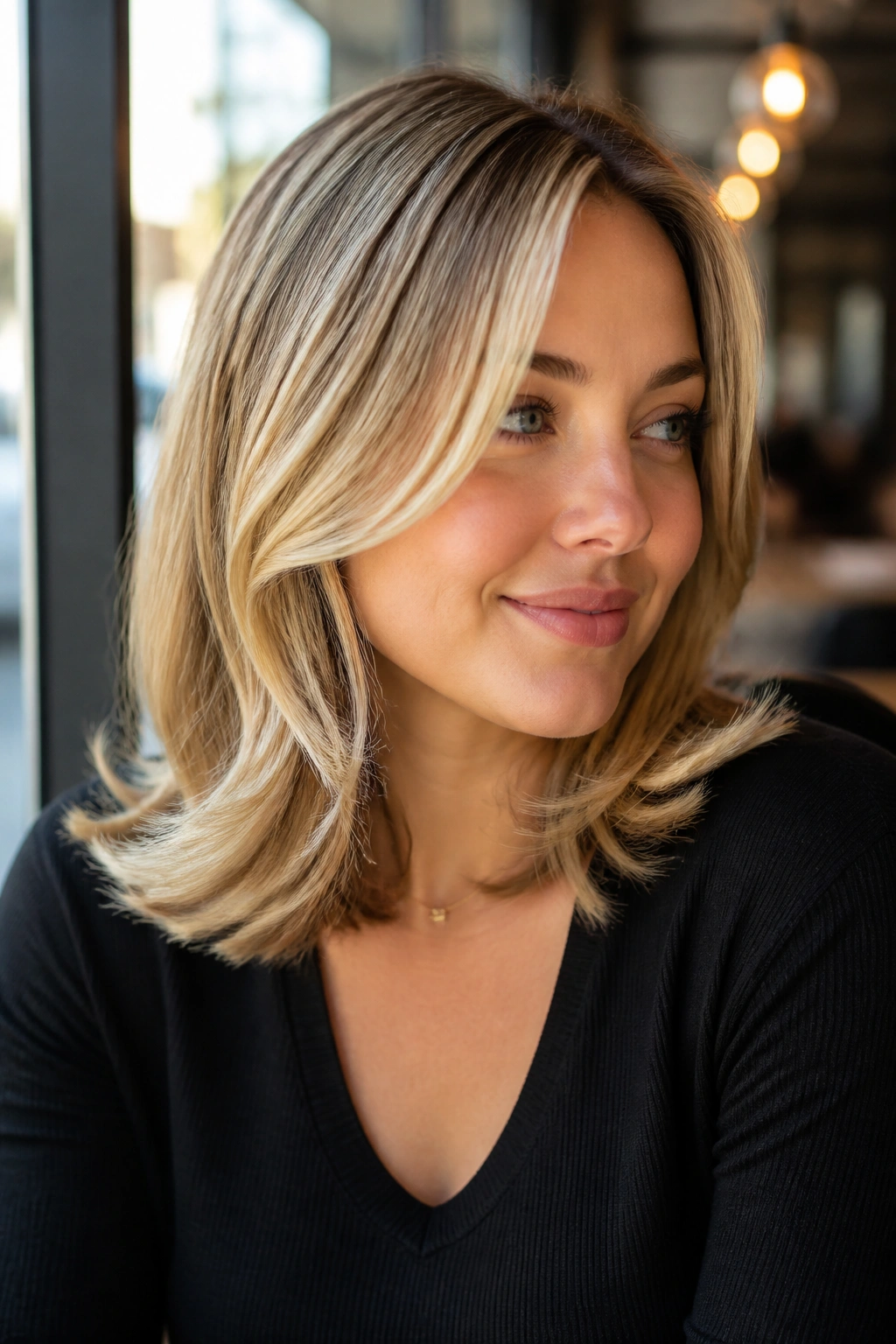 Real woman with shoulder-length blonde layers and flipped ends.