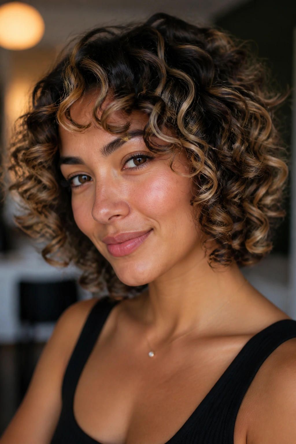 Curly bob with blonde streaks, close-up portrait