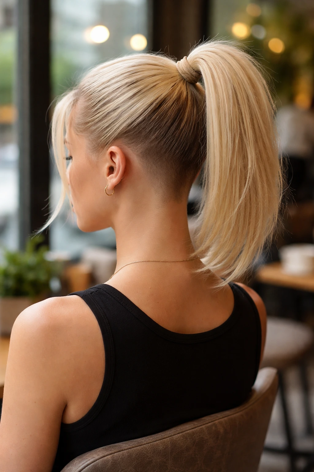 Portrait of a person with a blonde undercut ponytail showing a clean underlayer