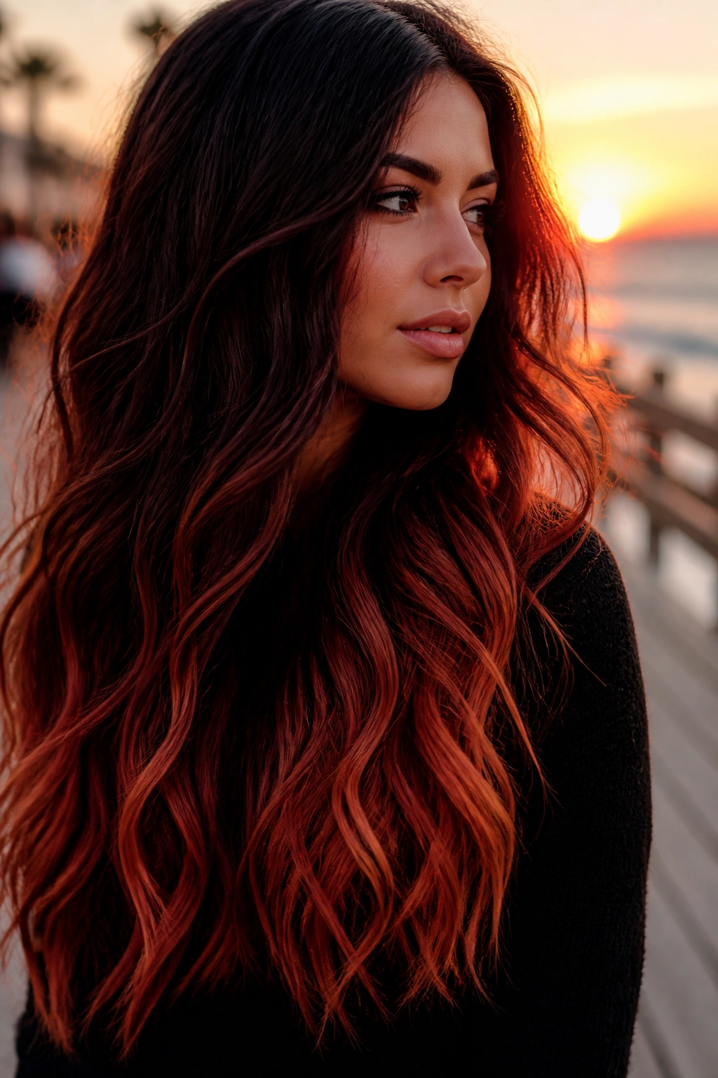 Close-up of a real woman with blood orange dip-dye on long waves hair