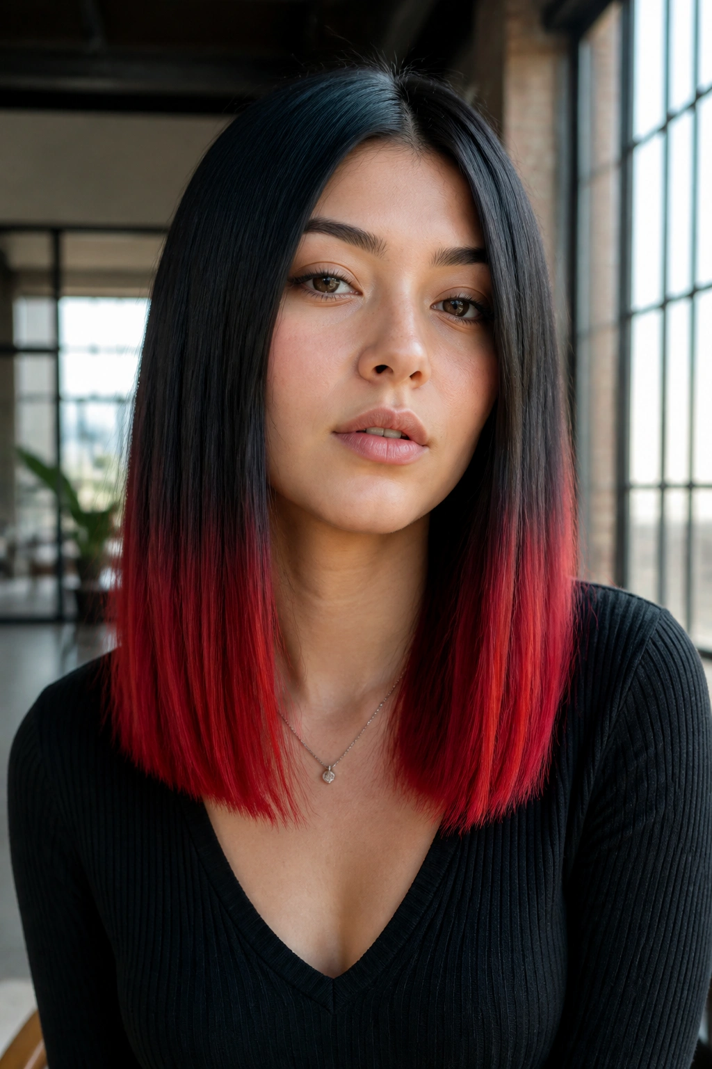 Real woman with straight hair and blood red dip-dye starting below the chin