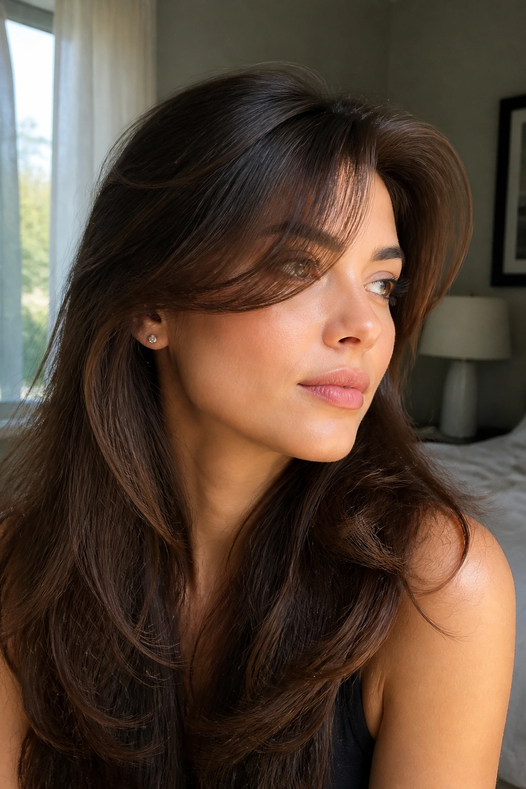 Close-up portrait of a real woman with airy blowout side bangs floating off the forehead in a softly lit bedroom