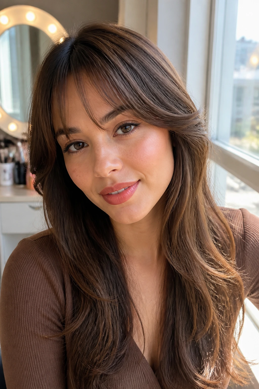 Close-up of a real woman with blowout bangs bend ends in warm window light