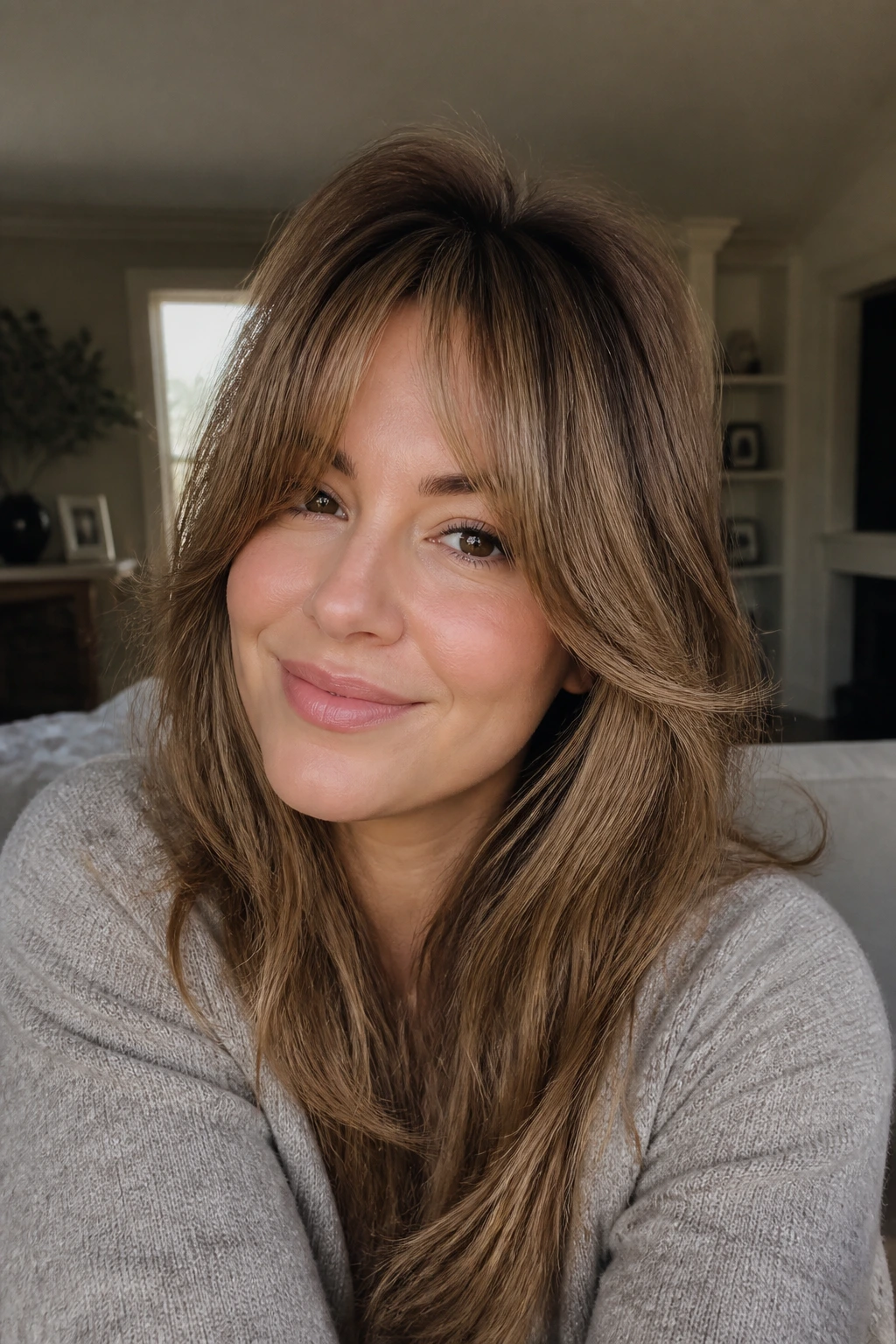 Portrait of a real woman with blowout bangs lifted at the roots.