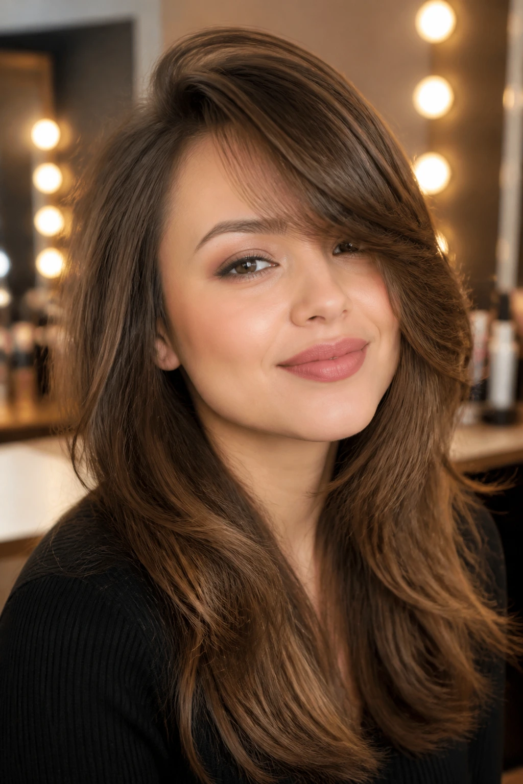 Close-up of a real person with blowout bangs and side volume