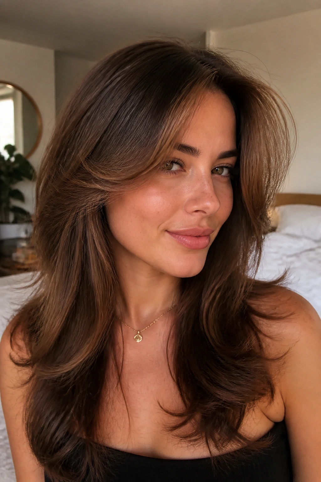 Close-up of a real woman with blowout bangs sweeping away from the face