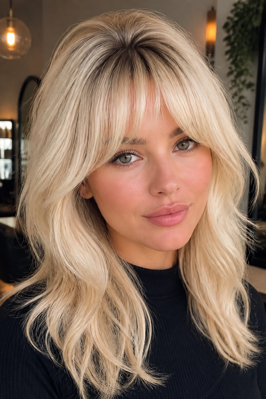 Real woman with high-volume blowout bangs in vanilla blonde, portrait shot.