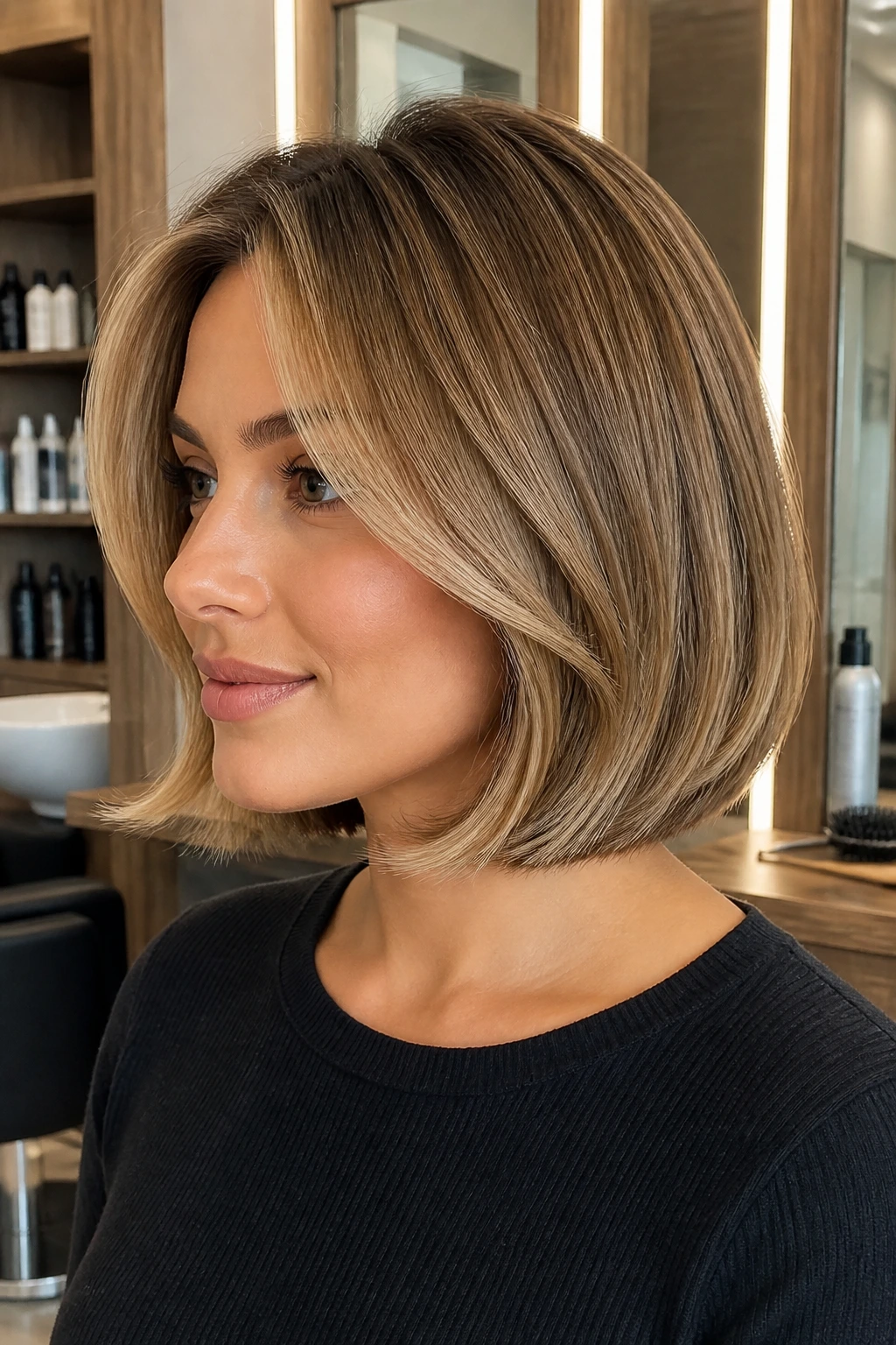 Close-up of blowout bob below chin with curved ends on a real woman.