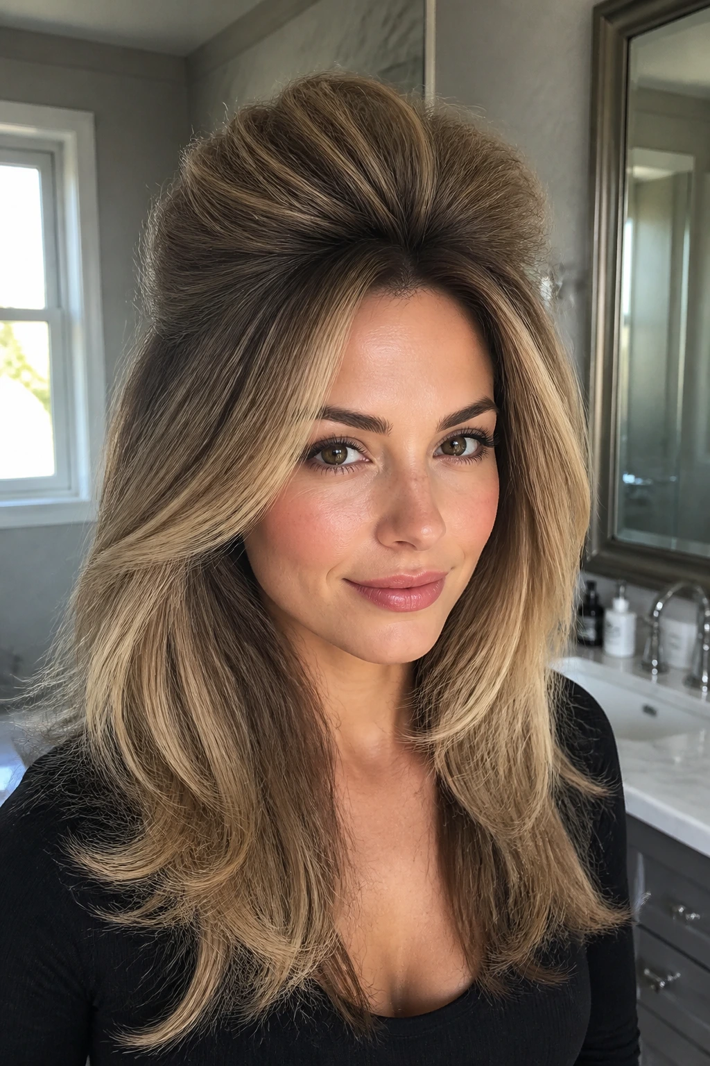 Close-up of a real woman with a voluminous crown blowout and teased lift.