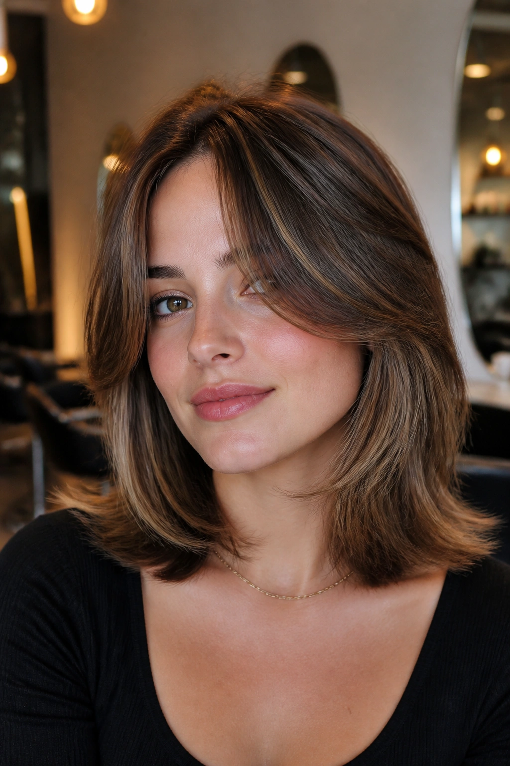 Real woman with blowout curtain bangs in a salon-like setting.