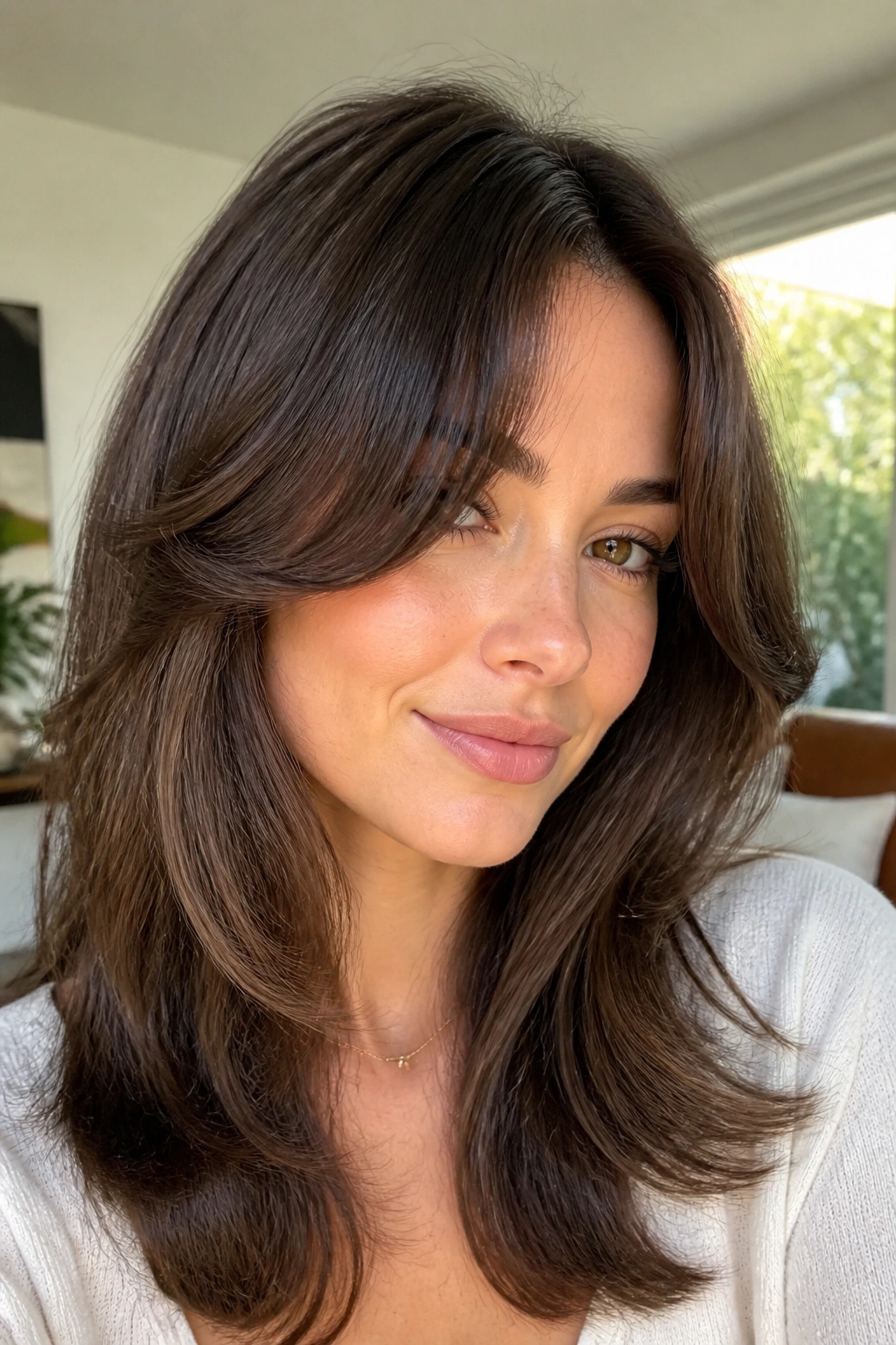 Close-up portrait of a woman with blowout curtain bangs and rounded bend in a sunny living room