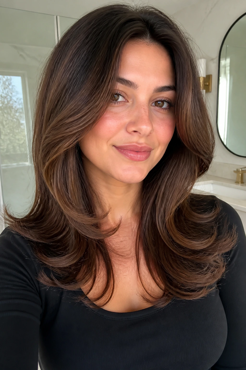 Close-up portrait of a real woman with blowout flip layers