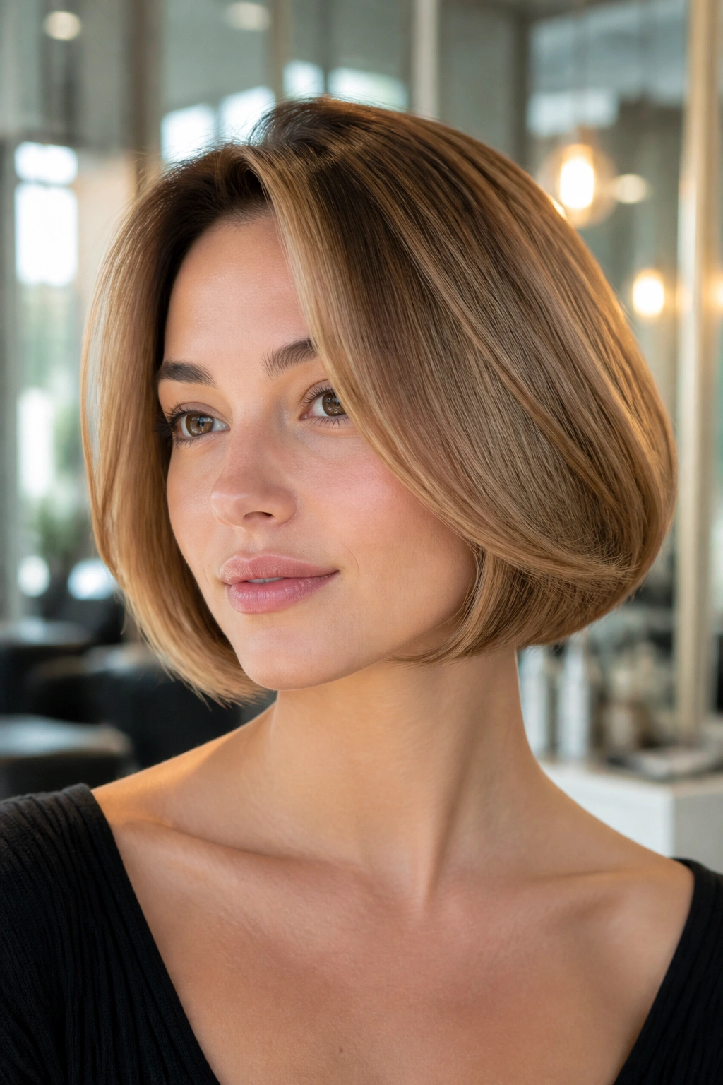 Close-up of a real woman with a blowout French bob showing root lift and subtle end bend.