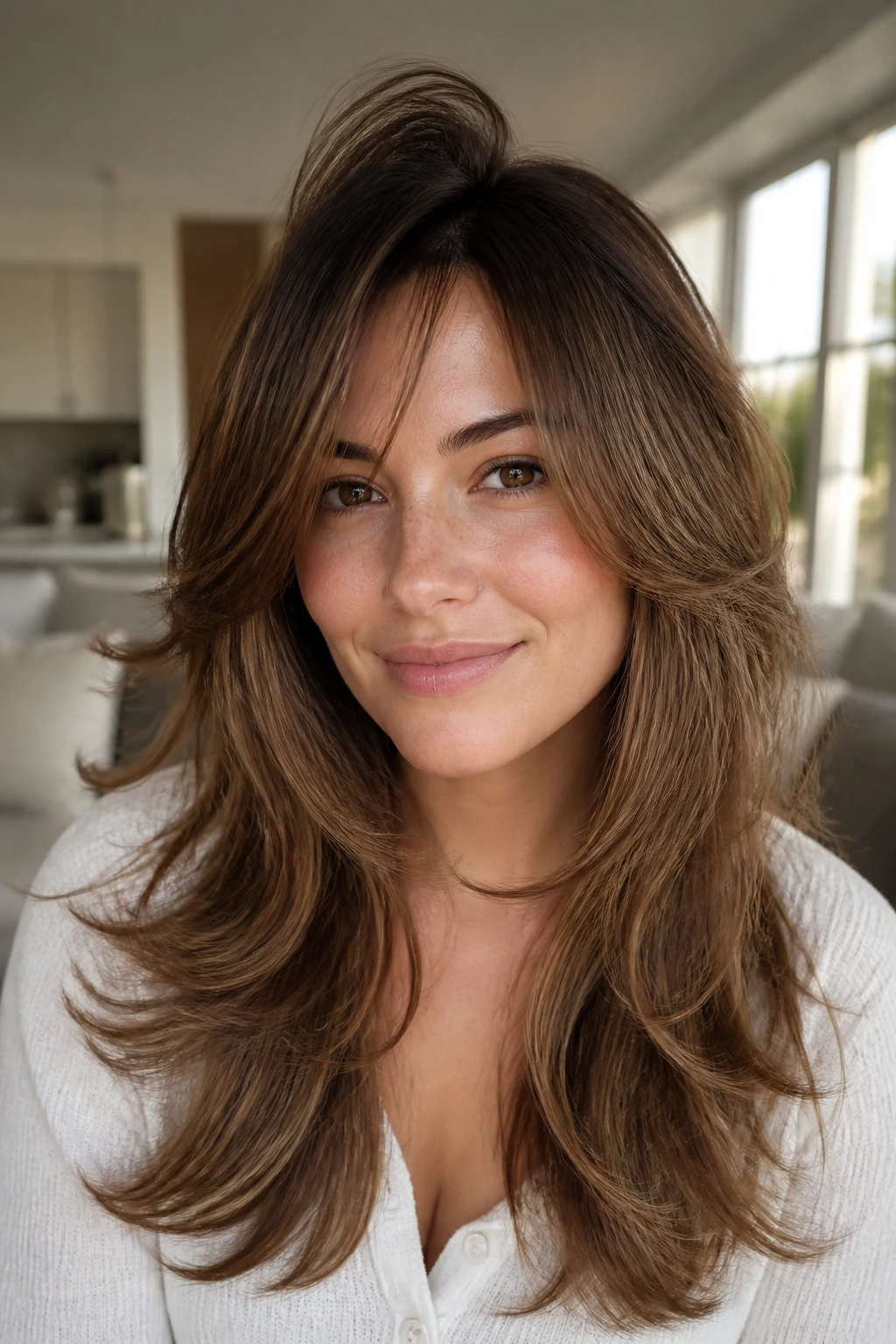 Close-up portrait of a real woman with crown lift and soft face framing layers
