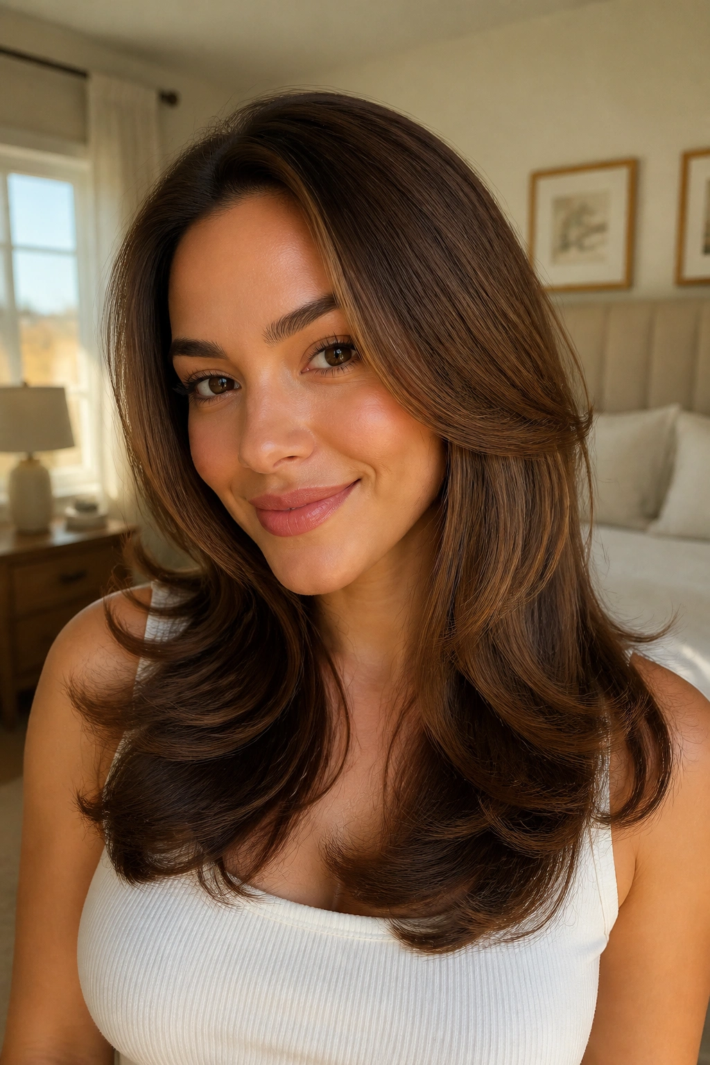 Close-up of a real woman with blowout layers and flipped ends in glossy brown hair