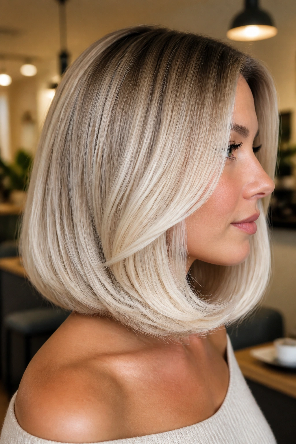 Profile view of a real woman with rounded ends below the chin in platinum ombre