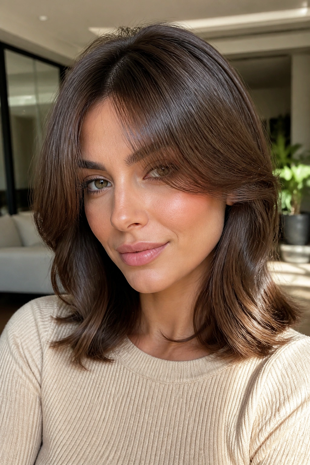 Real woman with glossy blowout lob and curtain bangs in natural light