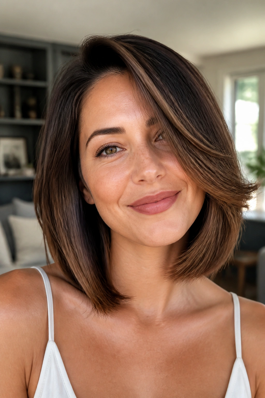 Close-up of a real woman with a blowout lob and a side flip in a sunlit living room