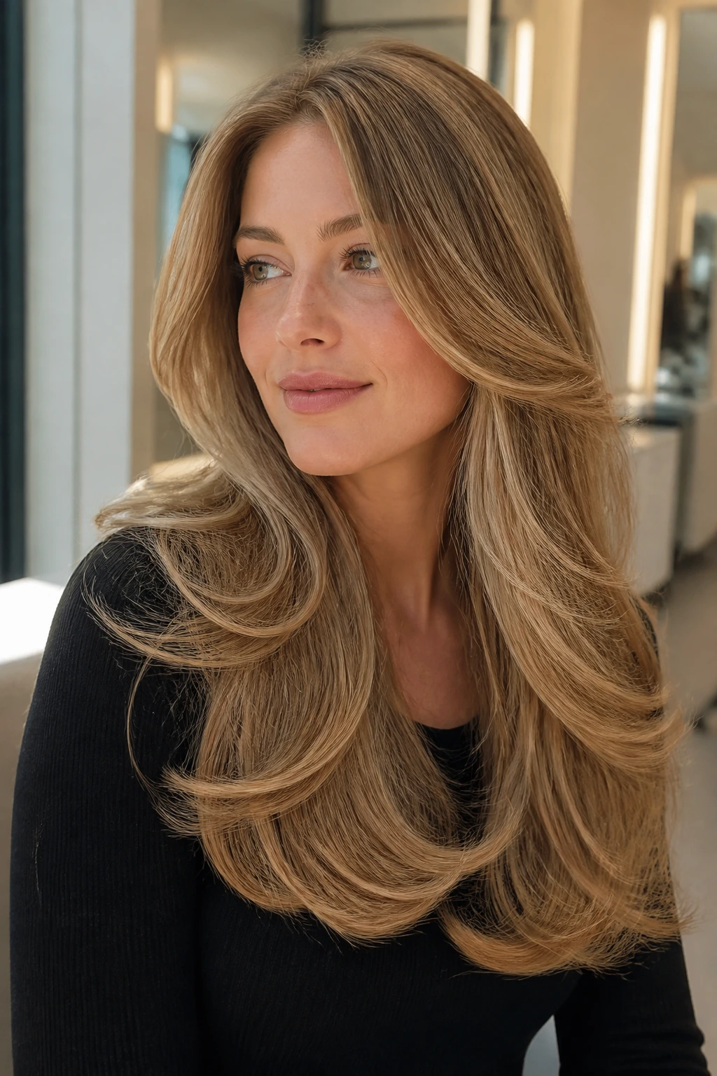 Woman with blowout-ready long layers under bright salon lighting
