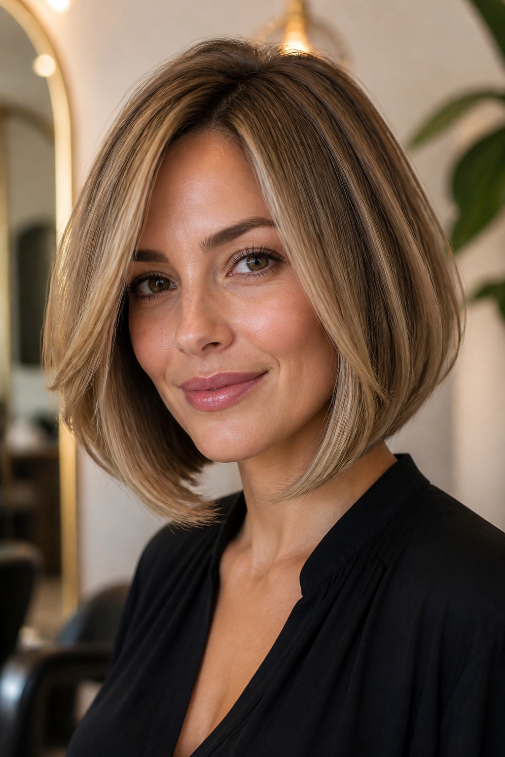 Close-up of a real woman showing a blowout-ready inverted bob with lifted roots