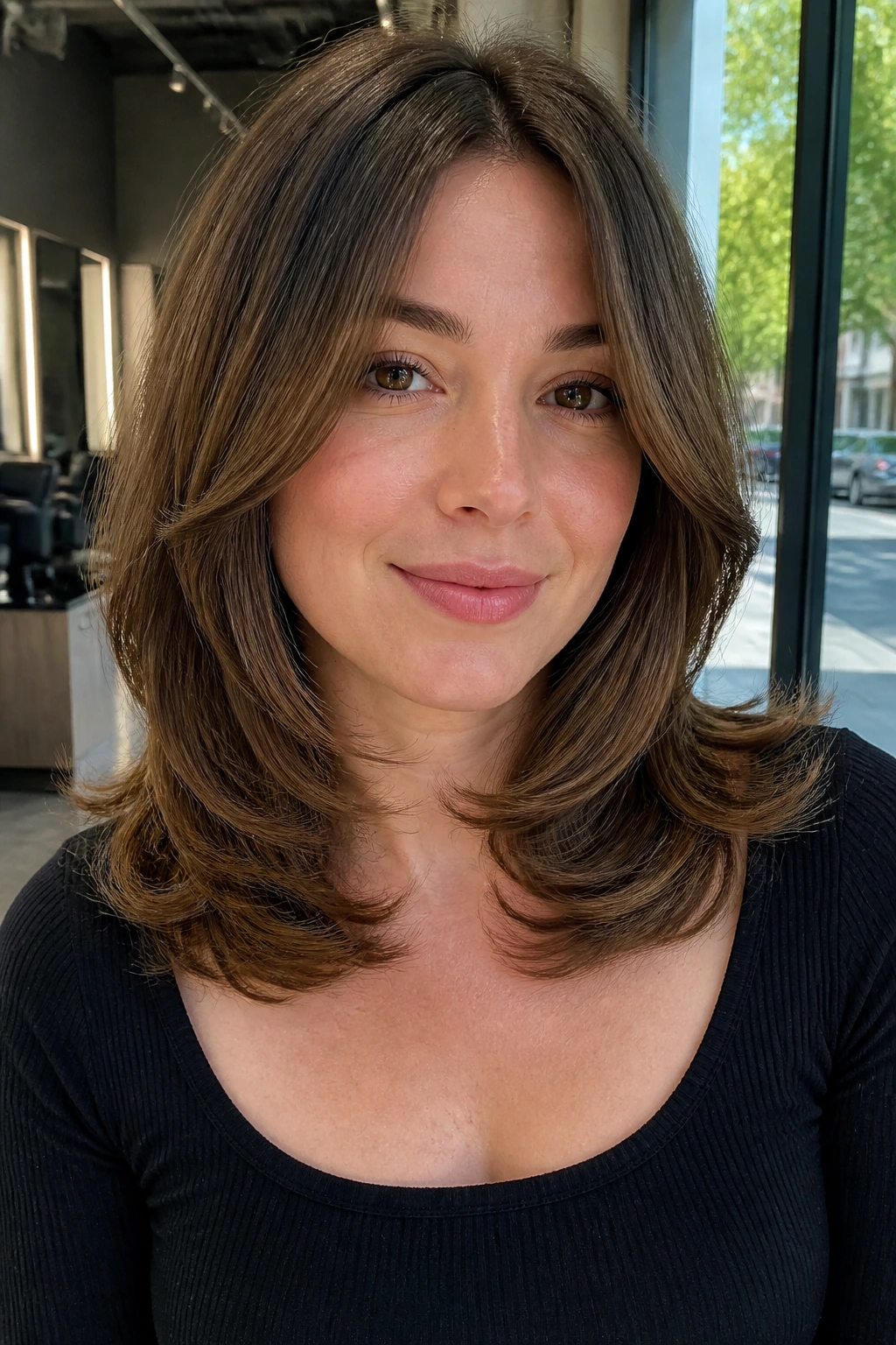 Close-up portrait of a real woman with a blowout shag featuring bouncy ends and arced front pieces.