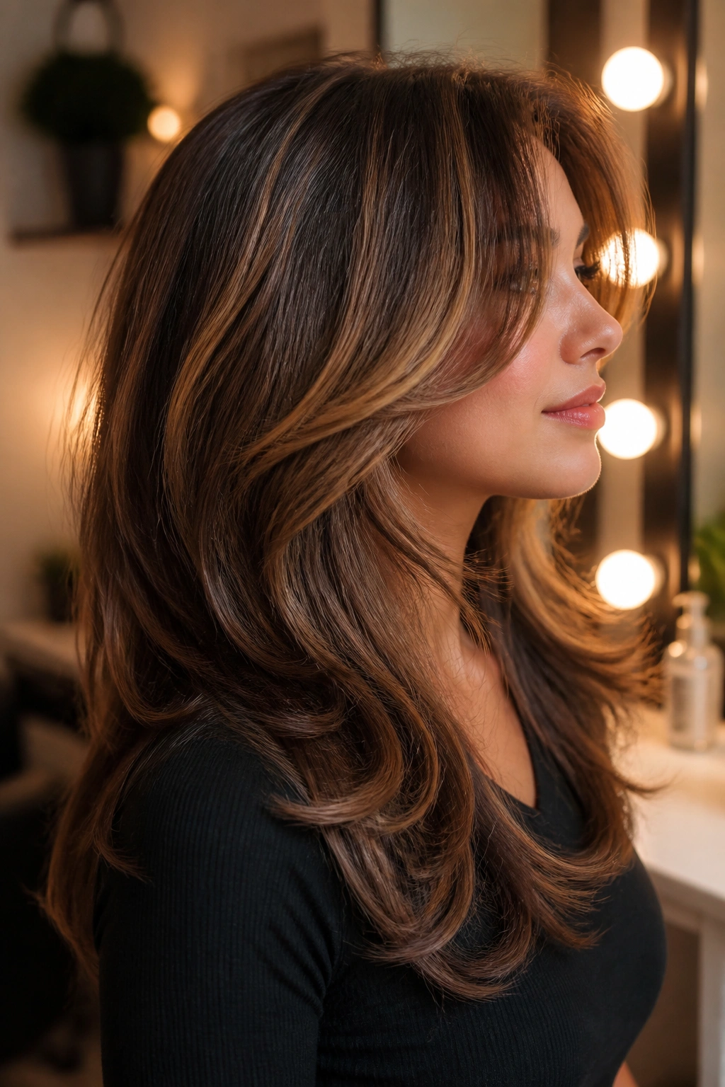 Woman with a blowout shag and flipped ends in side profile.