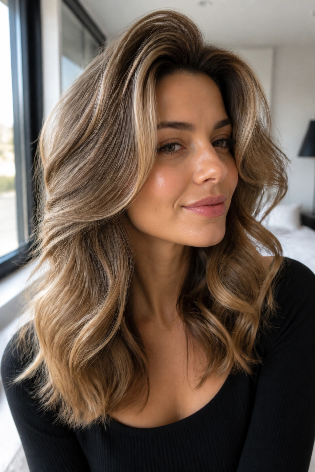 Close-up of a real woman with blowout waves and lifted roots