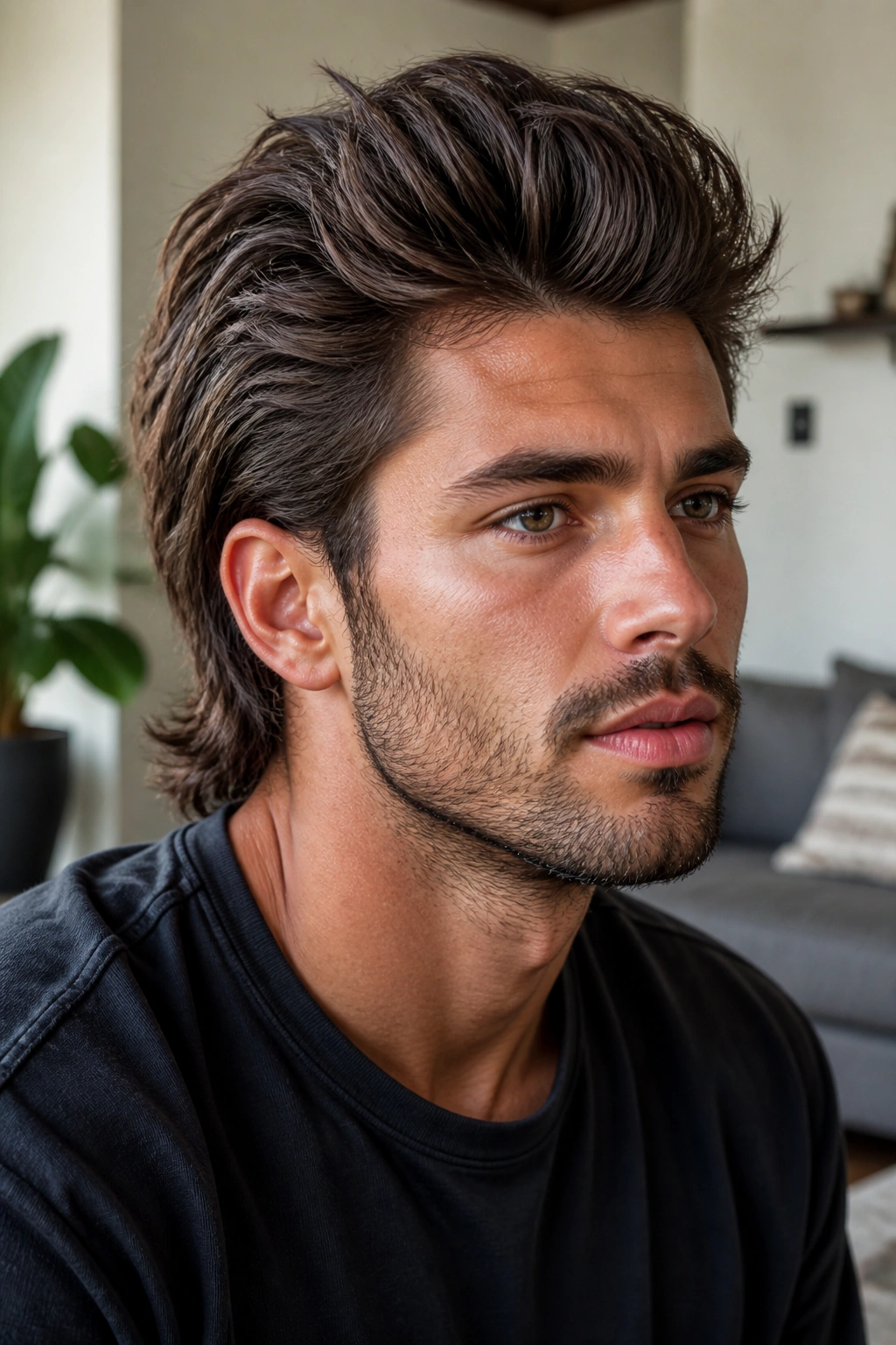 Close-up portrait of a real man with a blowout wolf cut and lifted crown in a sunlit room