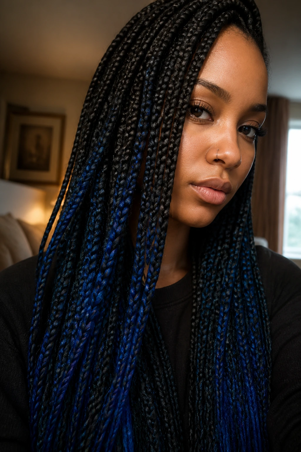 Close-up of a real woman with braided accent showing blue through long hair in a cozy room.