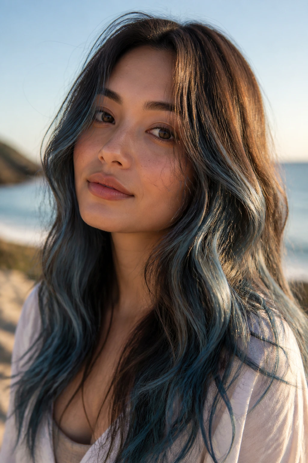 Soft brown waves with ocean glass blue balayage