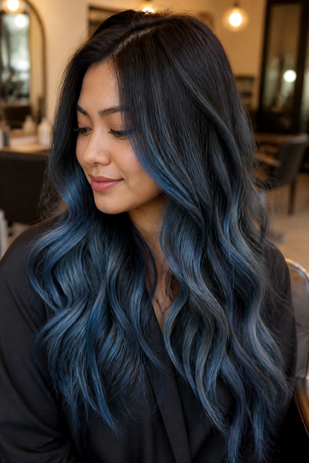 Real person with blue balayage and shadow root in a salon setting