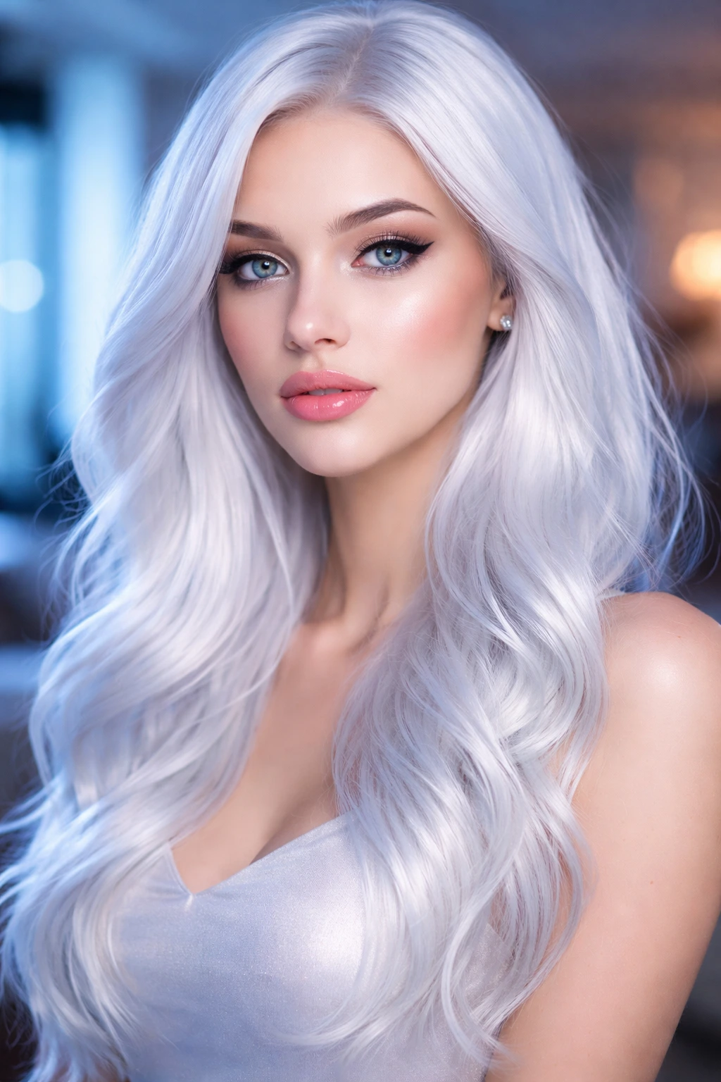 Close-up portrait of a person with blue-base pearl white hair in blue-toned lighting.