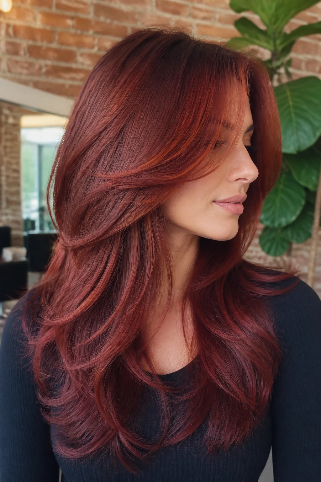 Close-up of a real woman with blue-based copper mahogany layers in a bright salon.