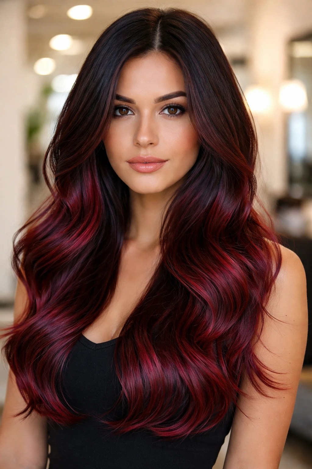 Close-up of a real woman showing blue-based red ombre from dark roots to cherry ends