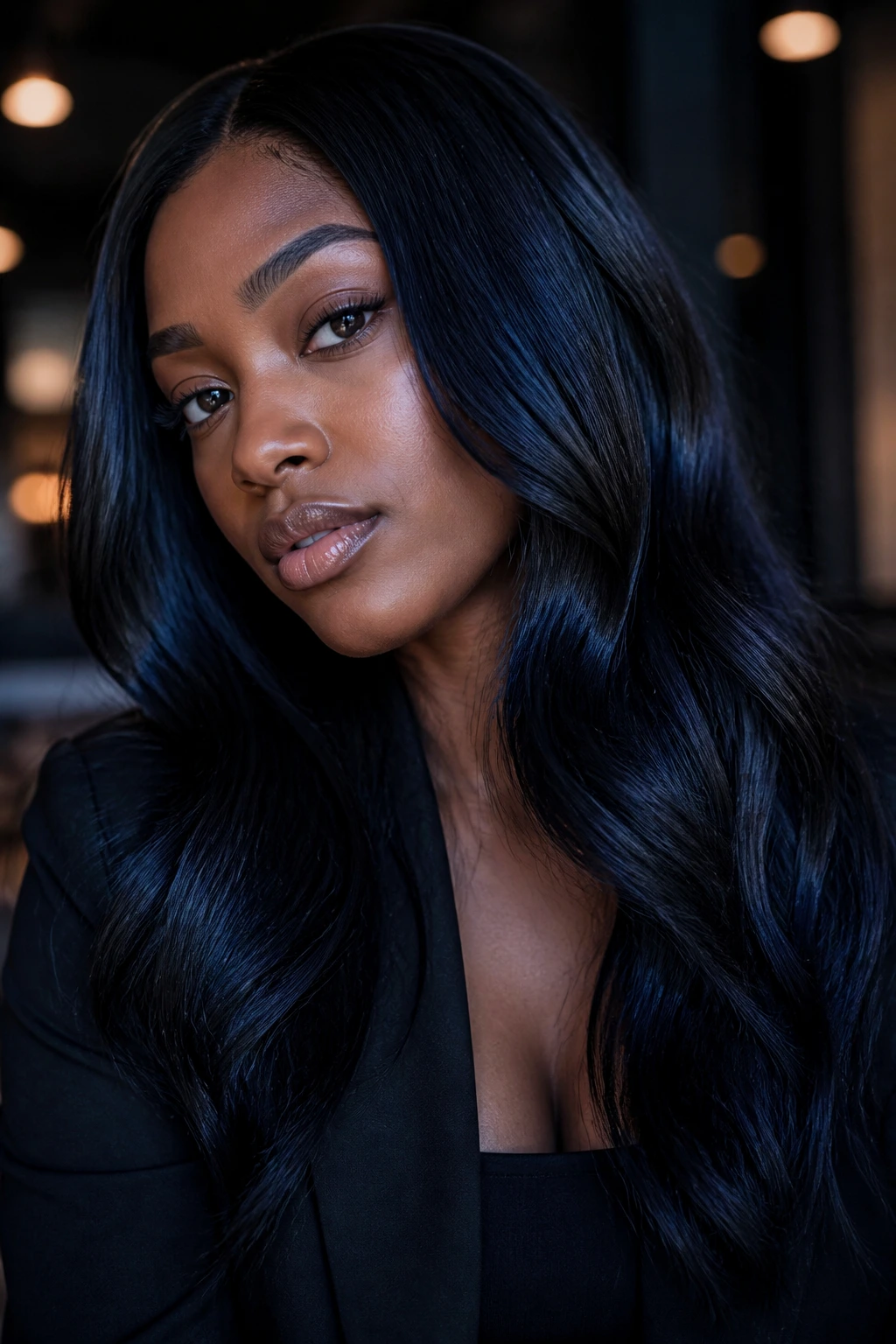 Close-up portrait of blue-black ash hair on a real person