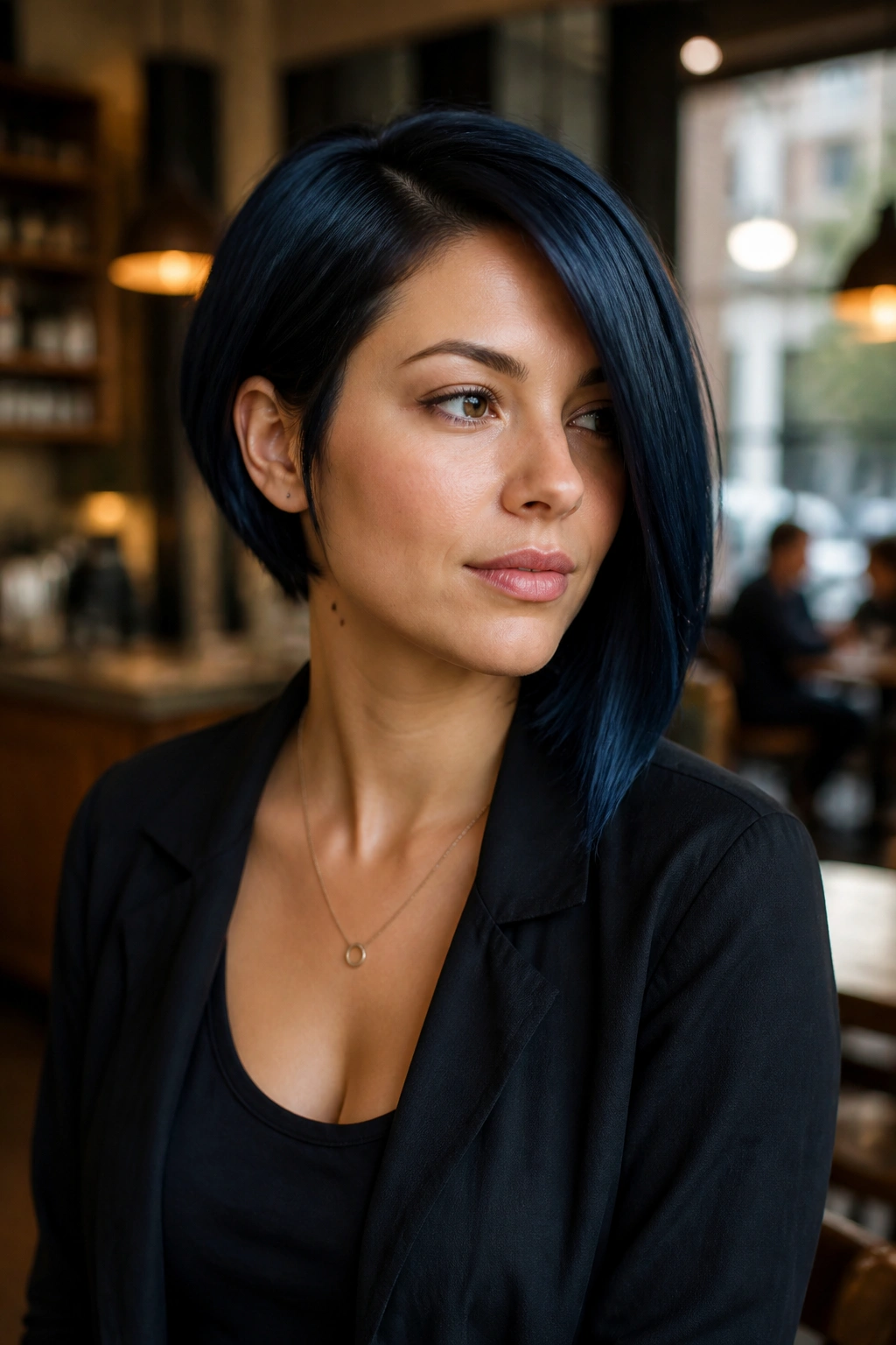 Portrait of real person with blue-black asymmetrical bob under warm cafe lighting