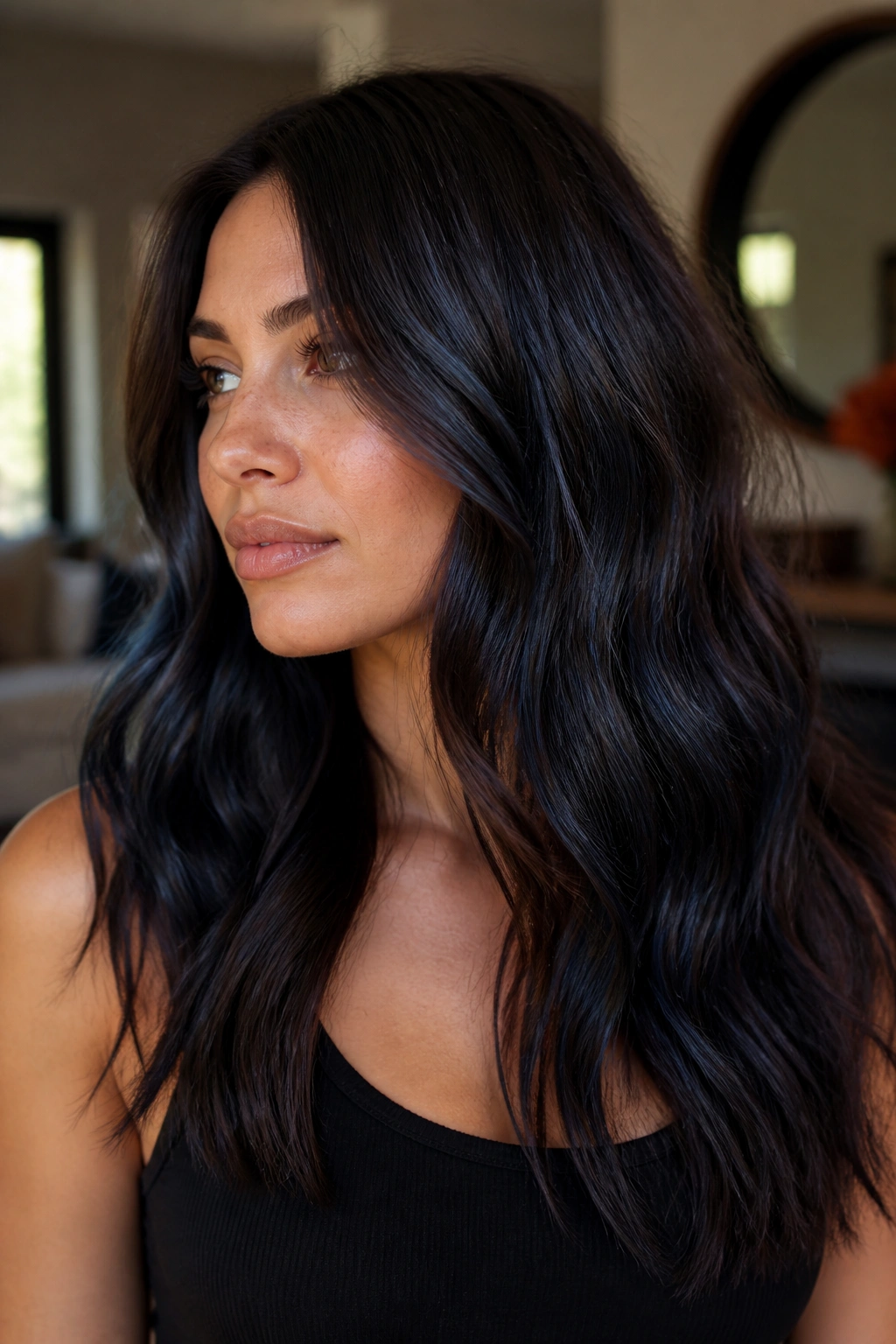 Close-up portrait of a woman with blue-black balayage on brown hair under window light