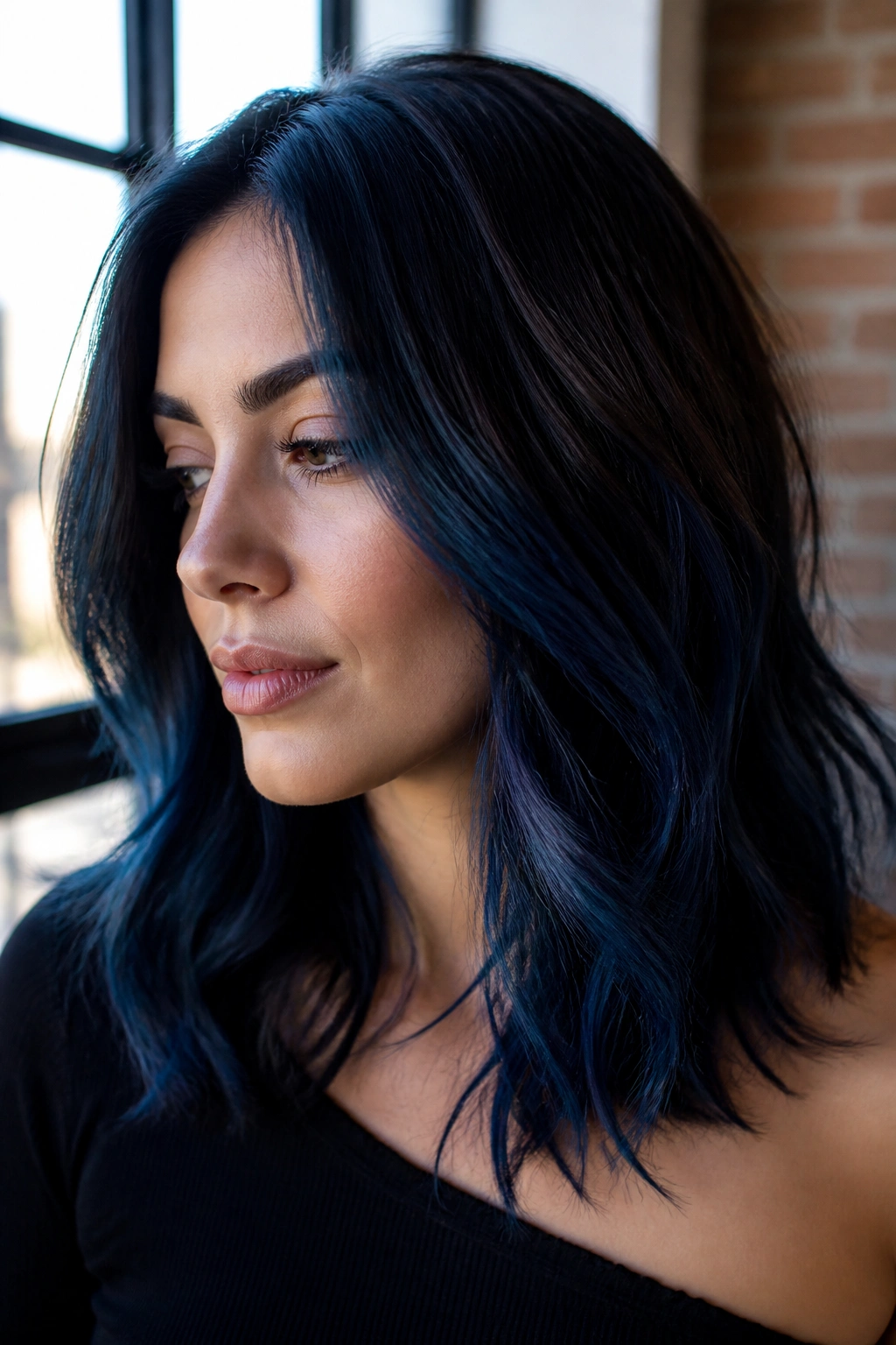 Close-up of dark brown hair with blue-black balayage ribbons