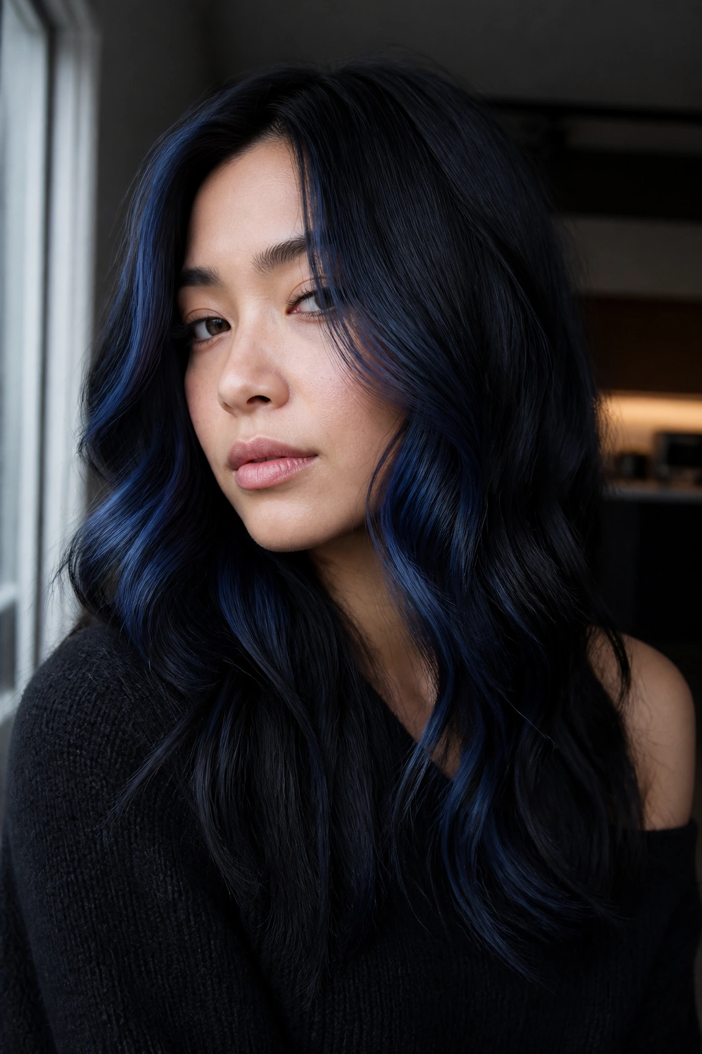 Close-up portrait of a real person with blue-black balayage and dark base in soft light.