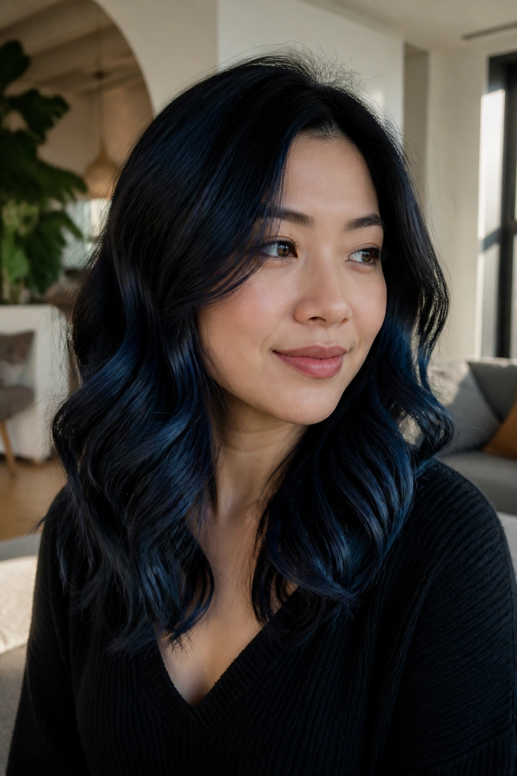 Close-up of wavy blue-black hair with soft balayage