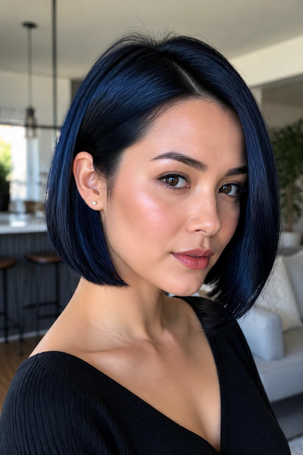 Close-up of a real woman with glossy blue-black blunt bob and soft A-line.