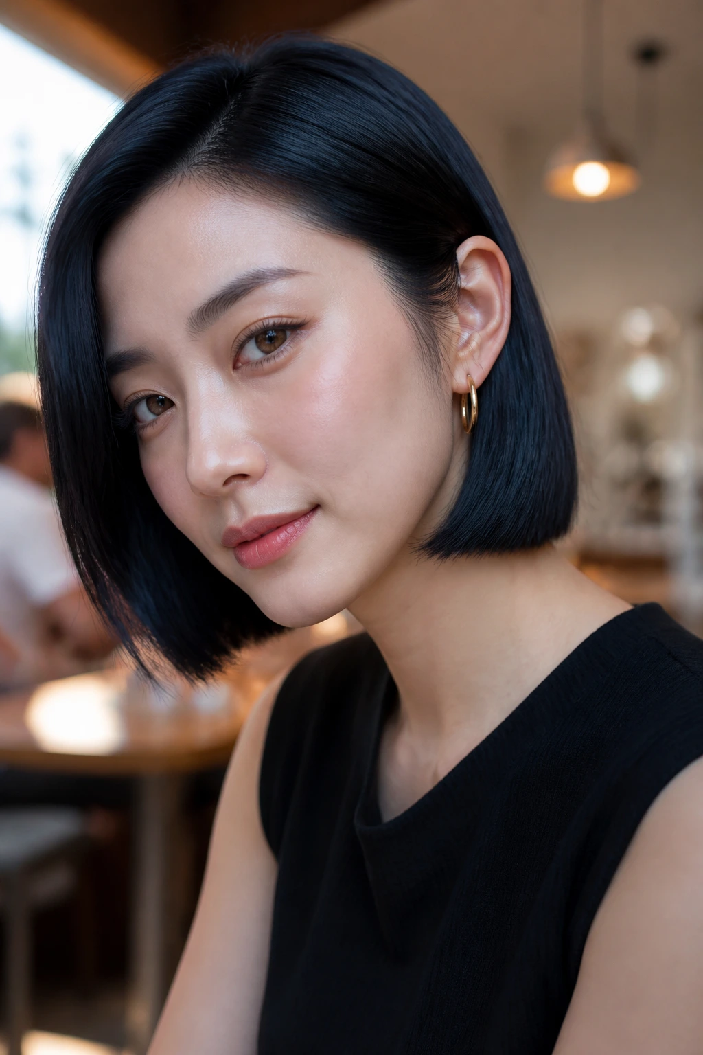 Real woman with a blunt bob tucked behind the ears in blue-black hair, ambient cafe lighting.